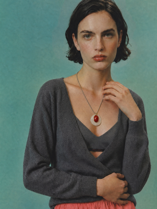  Model wearing the MOUNSER Aarnio Pendant in Petal with white quartz and red carnelian disc pendant on twisted cord, styled with a grey wrap top and coral skirt against a teal background.