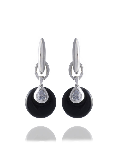 MOUNSER Crespi Earrings in Ink Lacquer, featuring angular sterling silver hoops with obsidian disc drop charms and rhodium-plated teardrop cubic zirconia, on white background.