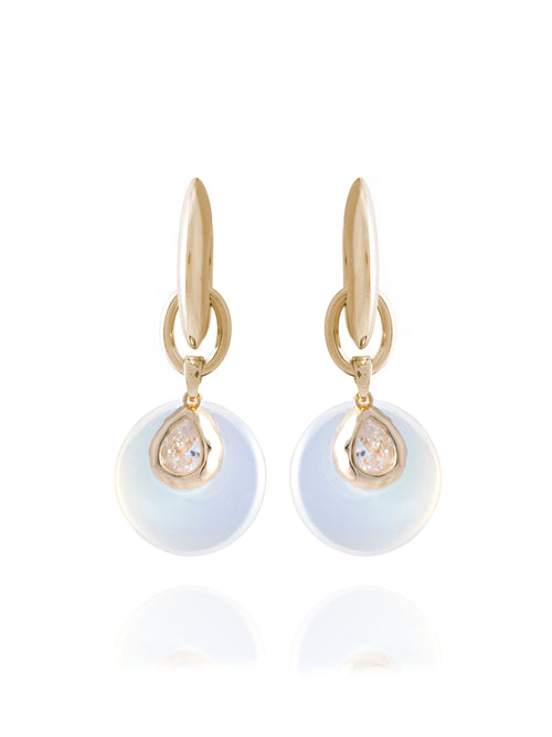 MOUNSER Crespi Earrings in Moonlight, featuring 14k gold-plated sterling silver hoops with opalite disc drop charms and gold-plated teardrop cubic zirconia, on white background.