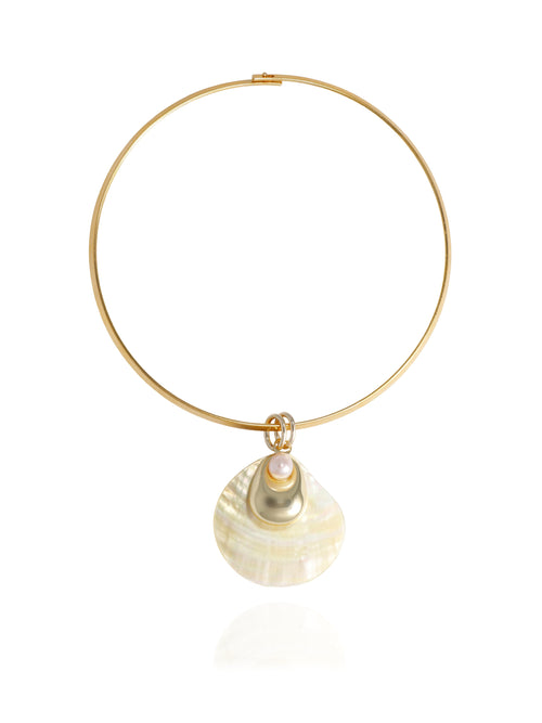 MOUNSER Half Shell Necklace — sculptural mother-of-pearl half shell pendant topped with a freshwater pearl and 14k gold-plated freeform accent, on a fixed gold collar