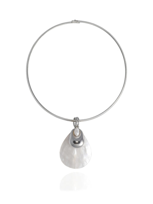 MOUNSER Half Shell Necklace — sculptural mother-of-pearl half shell pendant topped with a freshwater pearl and rhodium-plated freeform accent, on a fixed gold collar