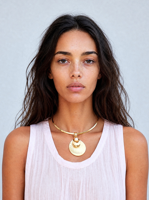 Model wearing the MOUNSER Half Shell Necklace, a sculptural free form shell pendant with freshwater pearl and gold accent on a gold wire collar, from the Seascape Abstracted Collection