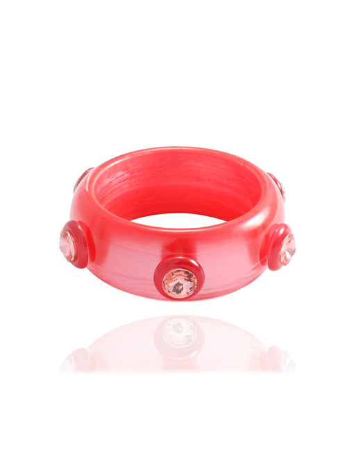 MOUNSER Ambrosia Bangle in Balsamic Strawberry featuring a glossy resin silhouette with round Austrian crystal accents.