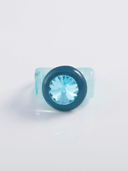 MOUNSER Ambrosia Ring in Blue Raspberry featuring a cushion-cut Austrian crystal and acrylic resin band