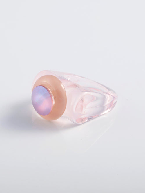 Angled view of MOUNSER Ambrosia Ring in Cherries Jubilee with iridescent crystal and resin band