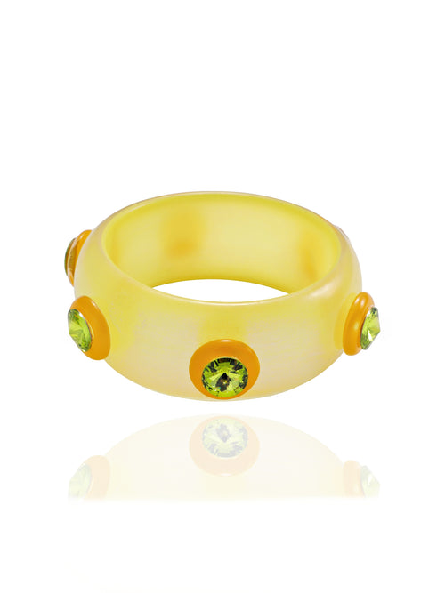 MOUNSER Ambrosia Bangle in Yuzu featuring a glossy resin silhouette with round Austrian crystal accents.