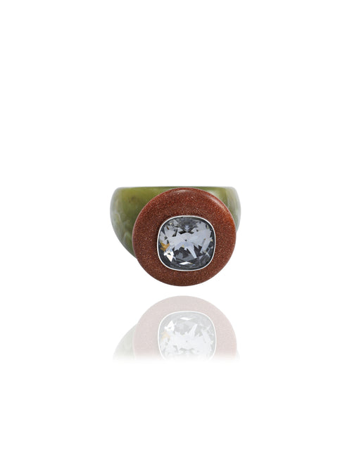 MOUNSER Bliss Ring in Allspice a delicate and minimal acrylic cocktail ring in a jewel toned palette with a Swarovski crystal gemstone.  