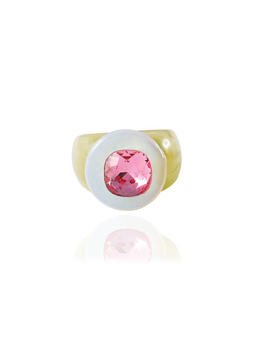 MOUNSER Bliss Ring in Cherry Blossom a delicate and minimal acrylic cocktail ring in a jewel toned palette with a Swarovski crystal gemstone.  