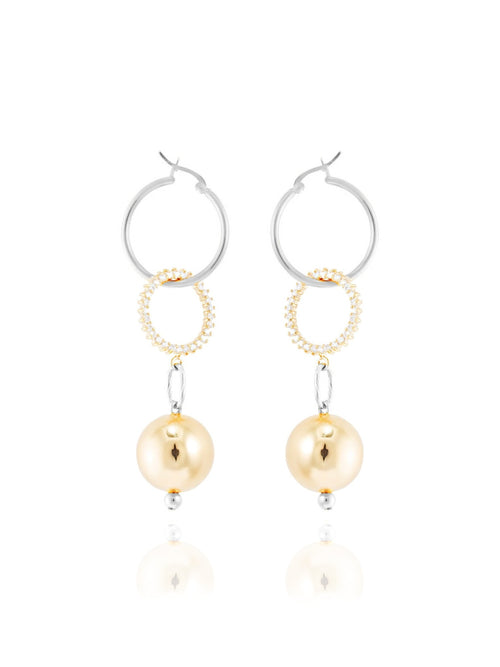 MOUNSER Continuum Hoops in Gold and Silver sculptural pave hoop earrings with spherical ball drop charms.