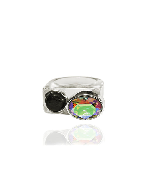 MOUNSER Couplet Ring in On Ice a jewel toned dual stone ring featuring a Swarovski rhinestone and natural gemstone cabochon on a lucite band.