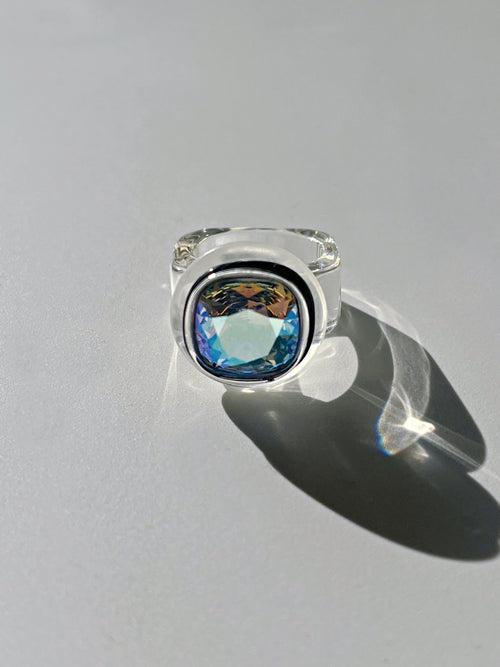 Contrast shot of MOUNSER Daydream Ring in Disco showing sculptural acrylic resin ring base and Swarovski crystal detail