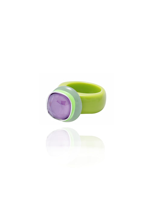 Side view of MOUNSER Daydream Ring in Jacaranda showing sculptural acrylic resin ring base and Swarovski crystal detail