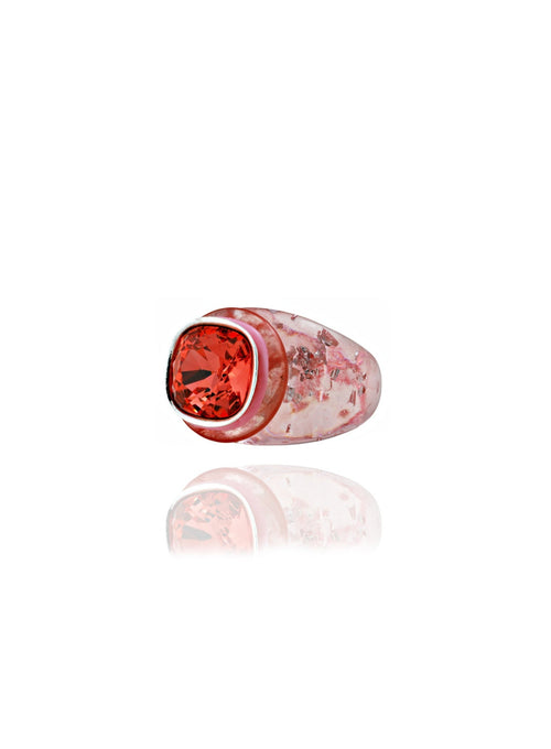 Side view of MOUNSER Daydream Ring in Lychee showing sculptural acrylic resin ring base and Swarovski crystal detail