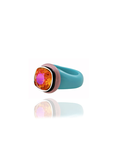 Side view of MOUNSER Daydream Ring in Paloma showing sculptural acrylic resin ring base and Swarovski crystal detail