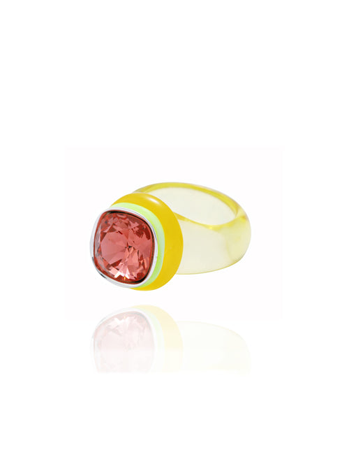 Side view of MOUNSER Daydream Ring in Poppy showing sculptural acrylic resin ring base and Swarovski crystal detail