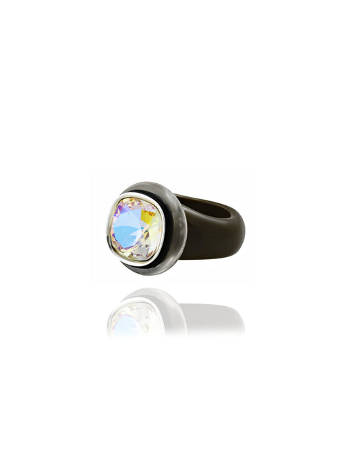 Side view of MOUNSER Daydream Ring in Sunbeam showing sculptural acrylic resin ring base and Swarovski crystal detail