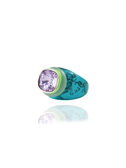 Side view of MOUNSER Daydream Ring in Tulum showing sculptural acrylic resin ring base and Swarovski crystal detail