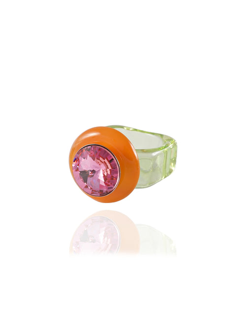 angle shot of MOUNSER Disco Pinky Ring in Ambrosia featuring colorful acrylic resin and Swarovski crystal gemstone