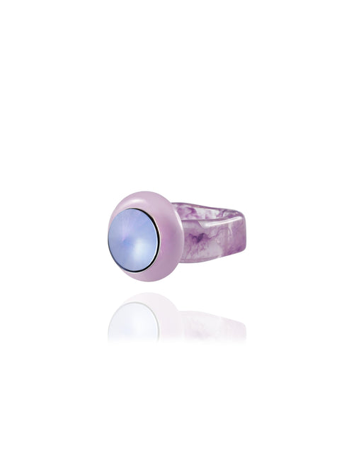 angle shot of MOUNSER Disco Pinky Ring in Cool Lilac featuring colorful acrylic resin and Swarovski crystal gemstone