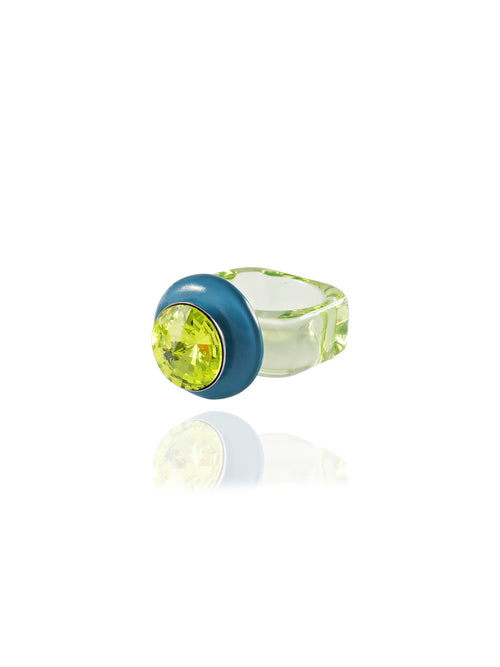angle shot of MOUNSER Disco Pinky Ring in Pistachio featuring colorful acrylic resin and Swarovski crystal gemstone