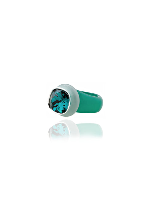 angle shot of MOUNSER Good Mood Ring Set in Bottle Green, a candy-colored sculptural set of 2 stackable resin statement rings featuring  a Swarovski crystal rhinestone