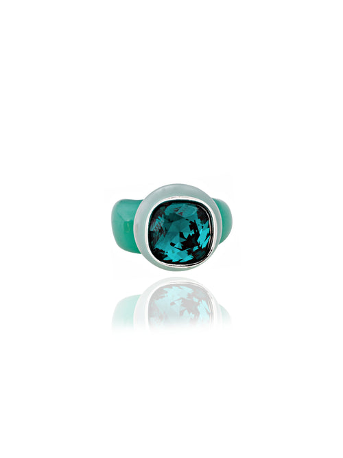 Front shot of MOUNSER Good Mood Ring Set in Bottle Green, a candy-colored sculptural set of 2 stackable resin statement rings featuring  a Swarovski crystal rhinestone