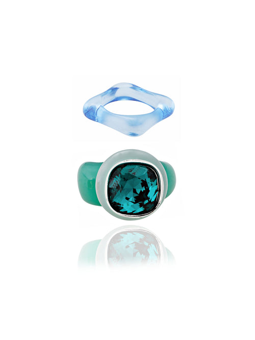 MOUNSER Good Mood Ring Set in Bottle Green, a candy-colored sculptural set of 2 stackable resin statement rings featuring  a Swarovski crystal rhinestone