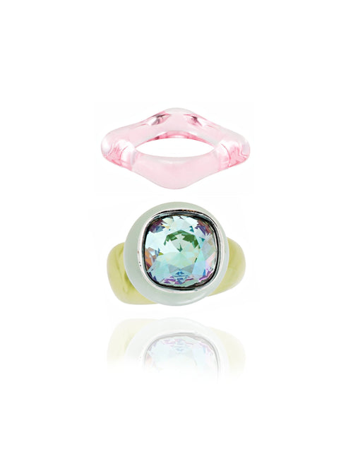 MOUNSER Good Mood Ring Set in Cosmos, a candy-colored sculptural set of 2 stackable resin statement rings featuring  a Swarovski crystal rhinestone