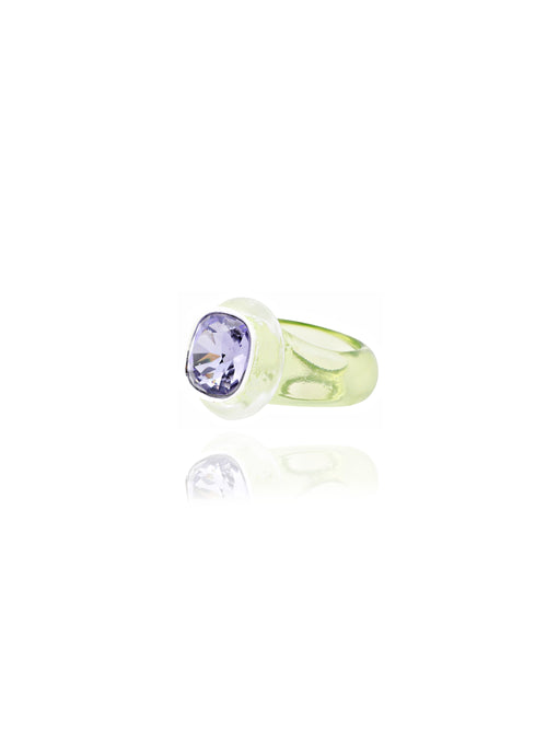 angle shot of MOUNSER Good Mood Ring Set in Heliotrope, a candy-colored sculptural set of 2 stackable resin statement rings featuring  a Swarovski crystal rhinestone