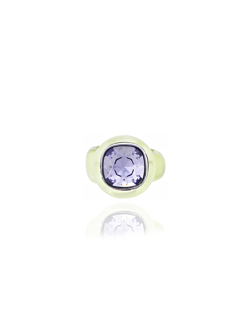 Front shot of MOUNSER Good Mood Ring Set in Heliotrope, a candy-colored sculptural set of 2 stackable resin statement rings featuring  a Swarovski crystal rhinestone