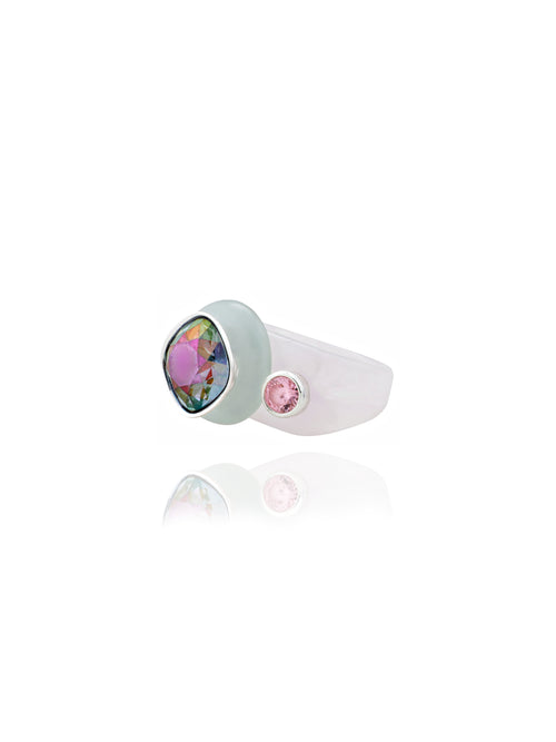 angle shot of MOUNSER Good Mood Ring in Auroa, a colorful sculptural cocktail ring featuring a Swarovski crystal rhinestone element 