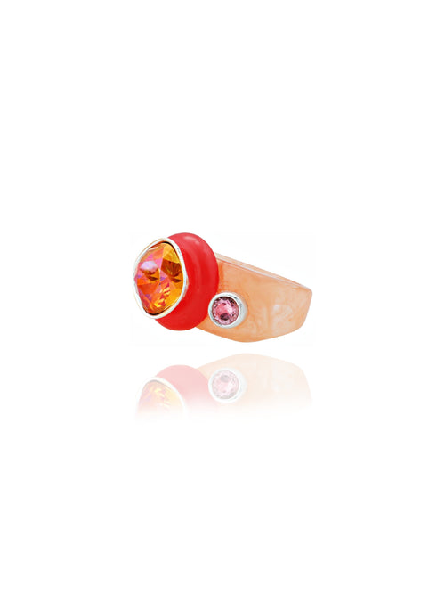 angle shot of MOUNSER Good Mood Ring in Blood Orange, a colorful sculptural cocktail ring featuring a Swarovski crystal rhinestone element 