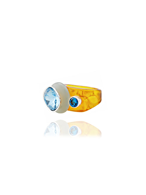 angle shot of MOUNSER Good Mood Ring in Coast, a colorful sculptural cocktail ring featuring a Swarovski crystal rhinestone element 