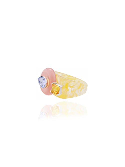 angle shot of MOUNSER Good Mood Ring in Flora, a colorful sculptural cocktail ring featuring a Swarovski crystal rhinestone element 