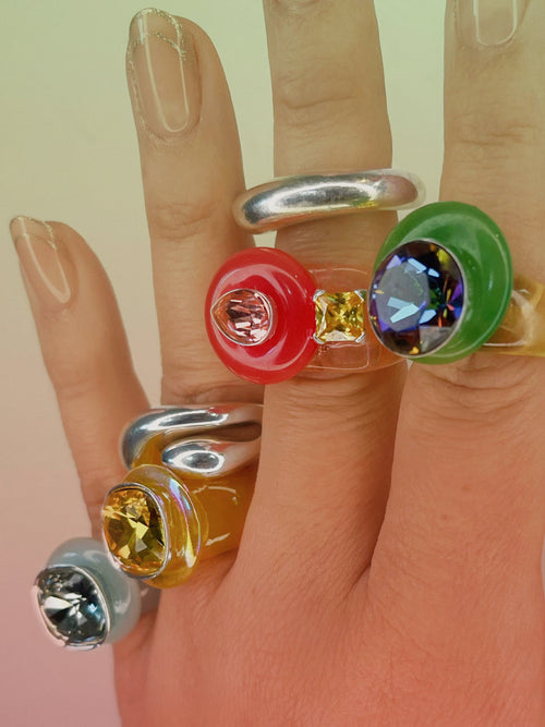 detail shot of MOUNSER Good Mood Ring in Fruit Punch, a colorful sculptural cocktail ring featuring a Swarovski crystal rhinestone element 