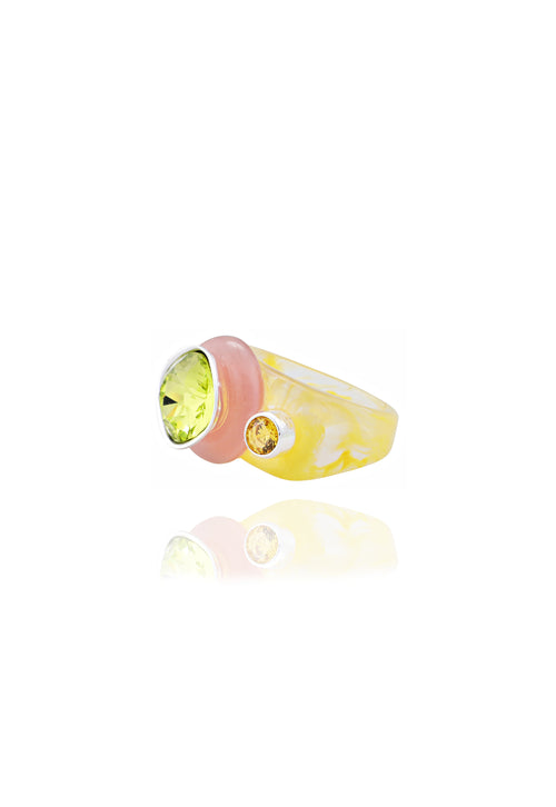 angle shot of MOUNSER Good Mood Ring in Limeade, a colorful sculptural cocktail ring featuring a Swarovski crystal rhinestone element 