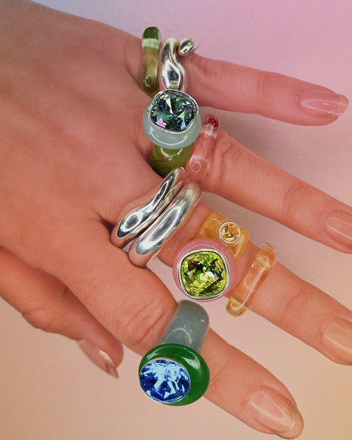 MOUNSER Good Mood Ring in Limeade, a colorful sculptural cocktail ring