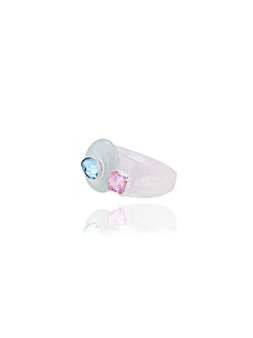 angle shot of MOUNSER Good Mood Ring in Opaline, a colorful sculptural cocktail ring featuring a Swarovski crystal rhinestone element 