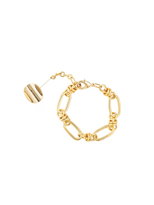 MOUNSER Hops Bracelet in Gold a luminous 14k gold plated brass chunky chain with sculptural disc charm