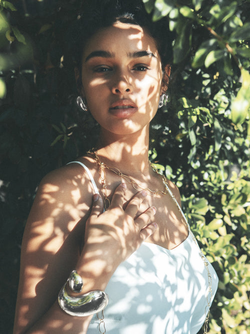 Close up shot of MOUNSER Large Buck Cuff Bracelet in Sterling Silver sculptural statement cuff bracelet with a puffed voluminous shape and a high polished glossy finish