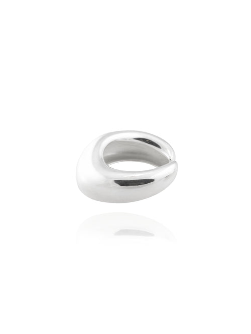angle shot of MOUNSER Medium Oak Ring in high-polished sterling silver with rounded sculptural form