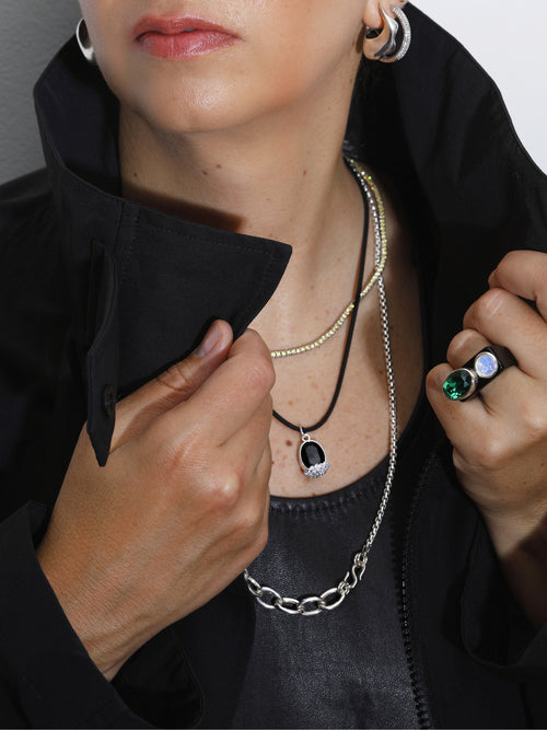 MOUNSER Nest Necklace in 1996 sculptural designer cord pendant necklace on model