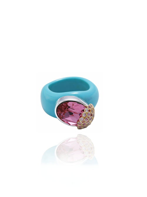 MOUNSER Nest Ring in 1986 featuring a brilliant Swarovski crystal, pavé rhinestone detailing and colorful acrylic resin ring band.