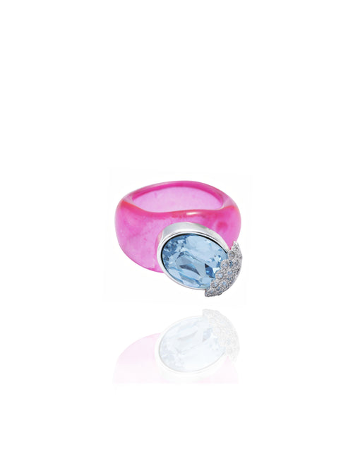 MOUNSER Nest Ring in Bikini featuring a brilliant Swarovski crystal, pavé rhinestone detailing and colorful acrylic resin ring band.