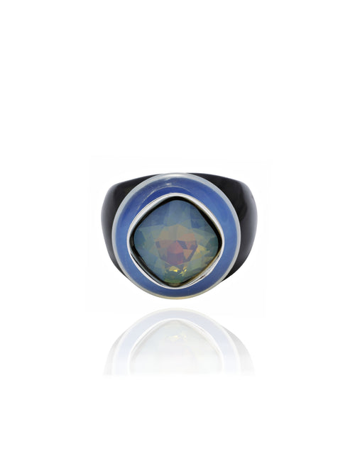 MOUNSER Objects Found Ring in Rothko featuring glossy, polished natural gemstone, and Swarovski crystal on an acrylic ring base