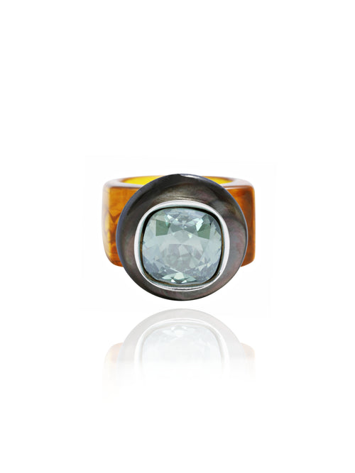 MOUNSER Objects Found Ring in Tortoise Shell featuring glossy, polished natural gemstone, and Swarovski crystal on an acrylic ring base