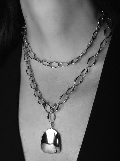 Mounser Peel Chain in Silver - Rhodium Plated Sculptural Chain with Organic Pendant 