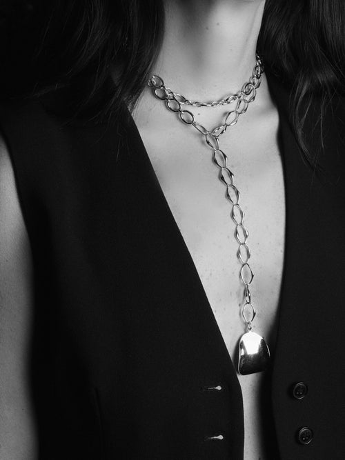 MOUNSER Peel Chain Necklace in Silver Styled as Lariat — Modern Art Jewelry
