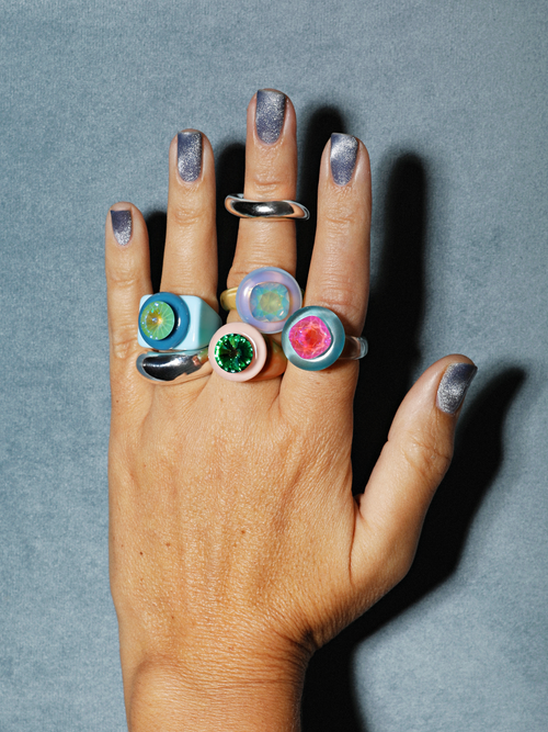 Detail shot of MOUNSER Raw Gradient Block Ring in Acid Wash featuring a colorful Swarovski crystal on an acrylic resin band