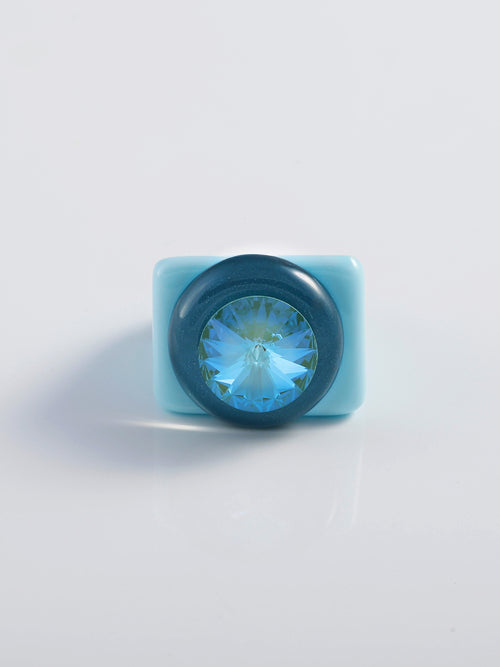 MOUNSER Raw Gradient Block Ring in Acid Wash featuring a colorful Swarovski crystal on an acrylic resin band